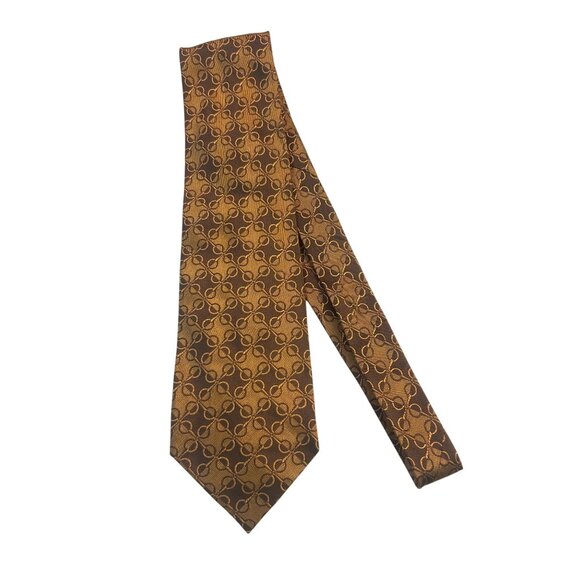 Longchamp Paris Mens Tie Brown & Gold Chain Pattern 100% Silk - Picture 3 of 5